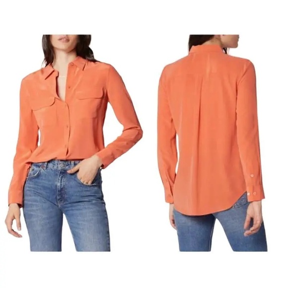 Garnet Hill Tops - EUC Garnet Hill Salmon Coral Silk Button Down Blouse 100% Silk Size 6